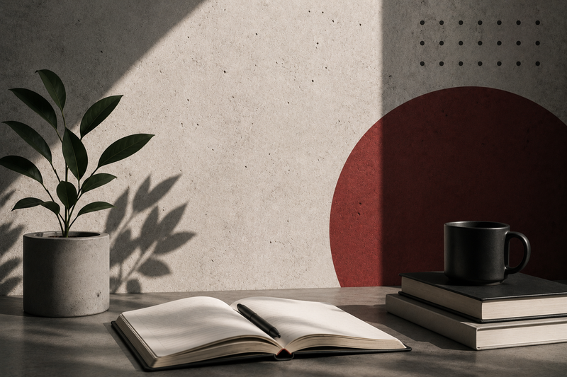 A styled interior scene with an open book on a tabletop, a black mug resting on stacked books, a potted plant, and a textured wall with geometric shapes and leaf shadows.