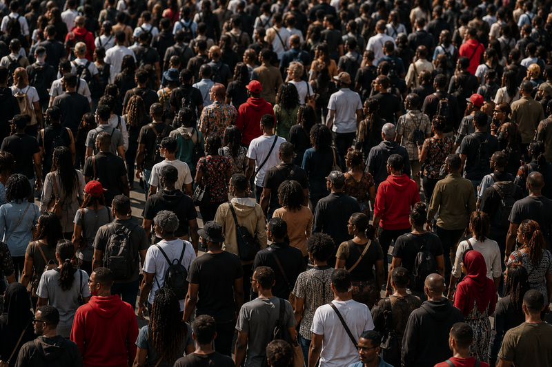 A dense crowd of people viewed from behind, packed together in a large outdoor public space. A few people stand out wearing a bold red outfit