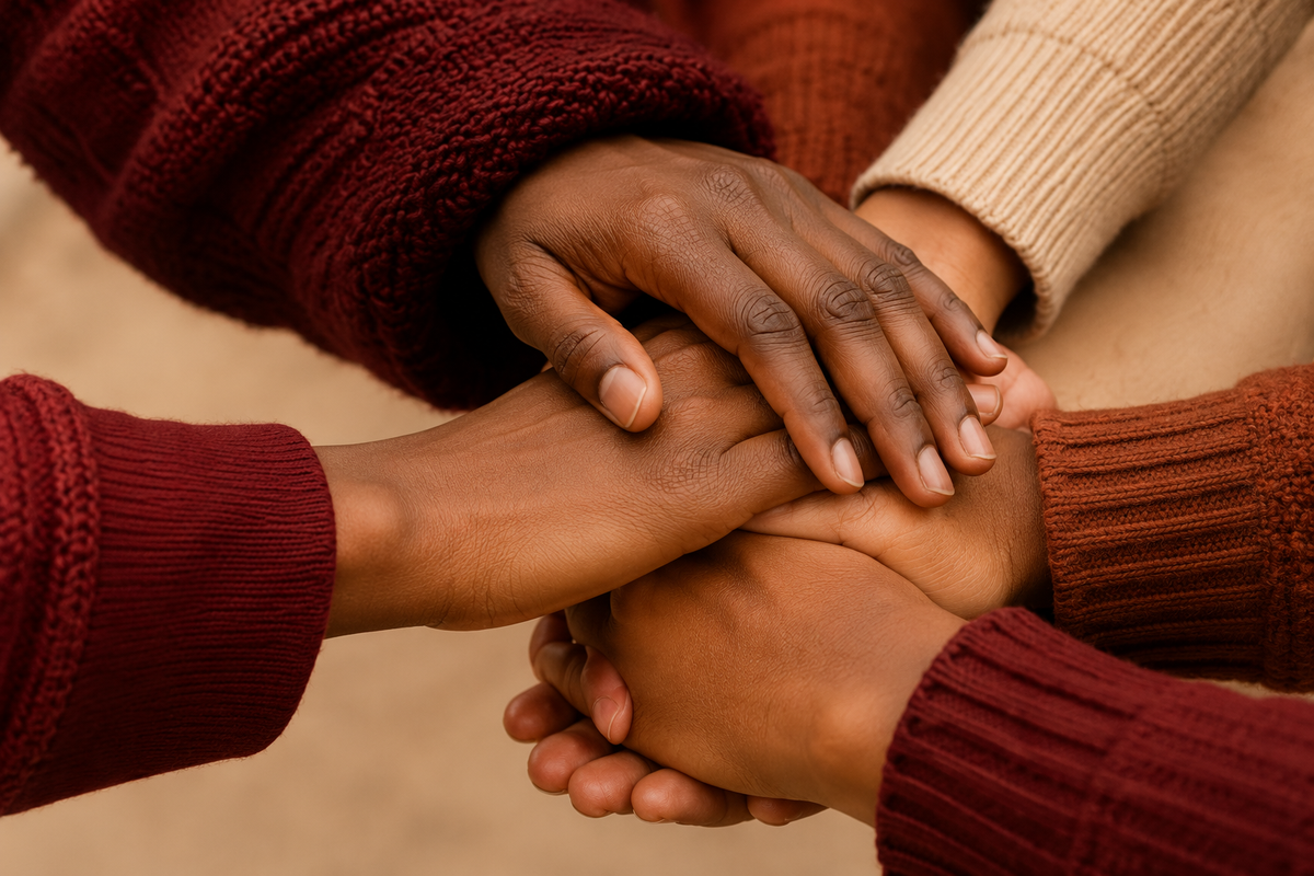 A close-up of several people's hands stacked together in a supportive gesture, wearing ribbed knit sweaters in burgundy, rust, and beige.
