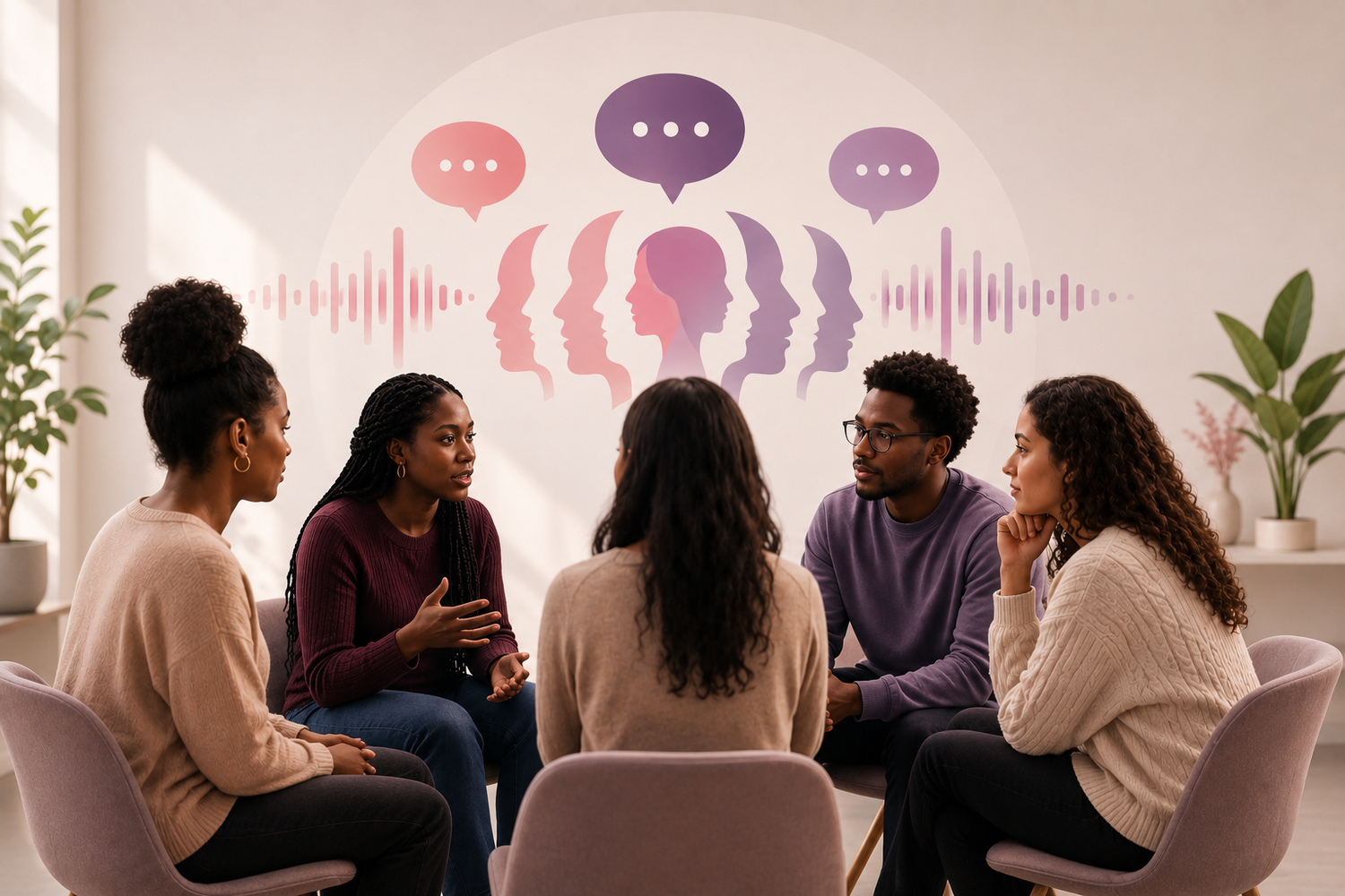 Five people seated in a circle in a bright indoor space, with speech bubbles and head silhouettes displayed on the wall behind them.