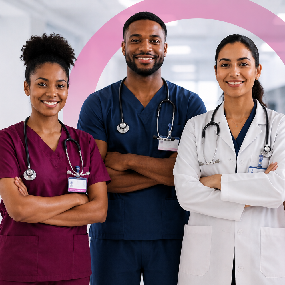 Three healthcare professionals standing together in medical attire: a woman in a maroon scrub top on the left, a man in a navy blue scrub top in the center, and a woman in a white doctor coat on the right, each with a stethoscope around their necks.