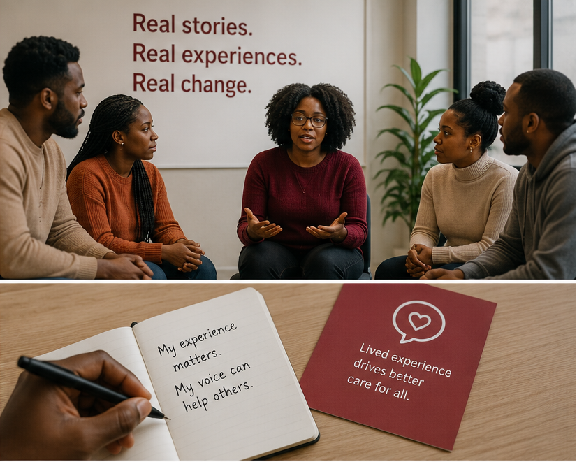 A split-panel scene showing a group therapy or counseling session with four people seated in a circle, plus a close-up of a notebook and a red card with supportive quotes on a desk. The wall behind them reads, 'Real stories.