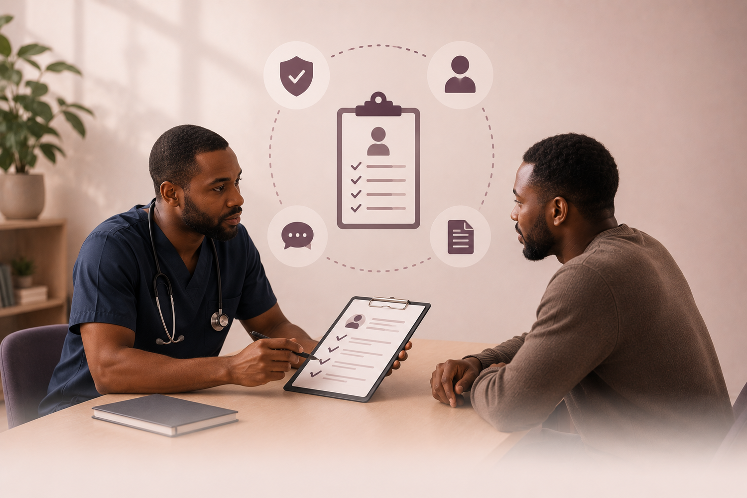 A doctor in navy blue scrubs sits at a table talking with a patient in a warm, modern clinic. A digital clipboard with medical records is held between them, with abstract digital icons of a clipboard, user profile, chat bubble, and document floating above them on the wall.