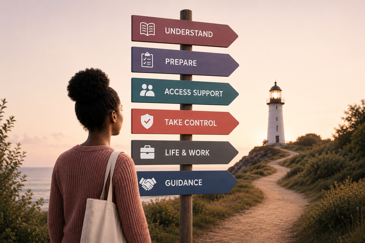 A woman stands in front of a directional signpost with words like UNDERSTAND, PREPARE, ACCESS SUPPORT, TAKE CONTROL, LIFE & WORK, and GUIDANCE, with a lighthouse and seaside path in the background at sunset.